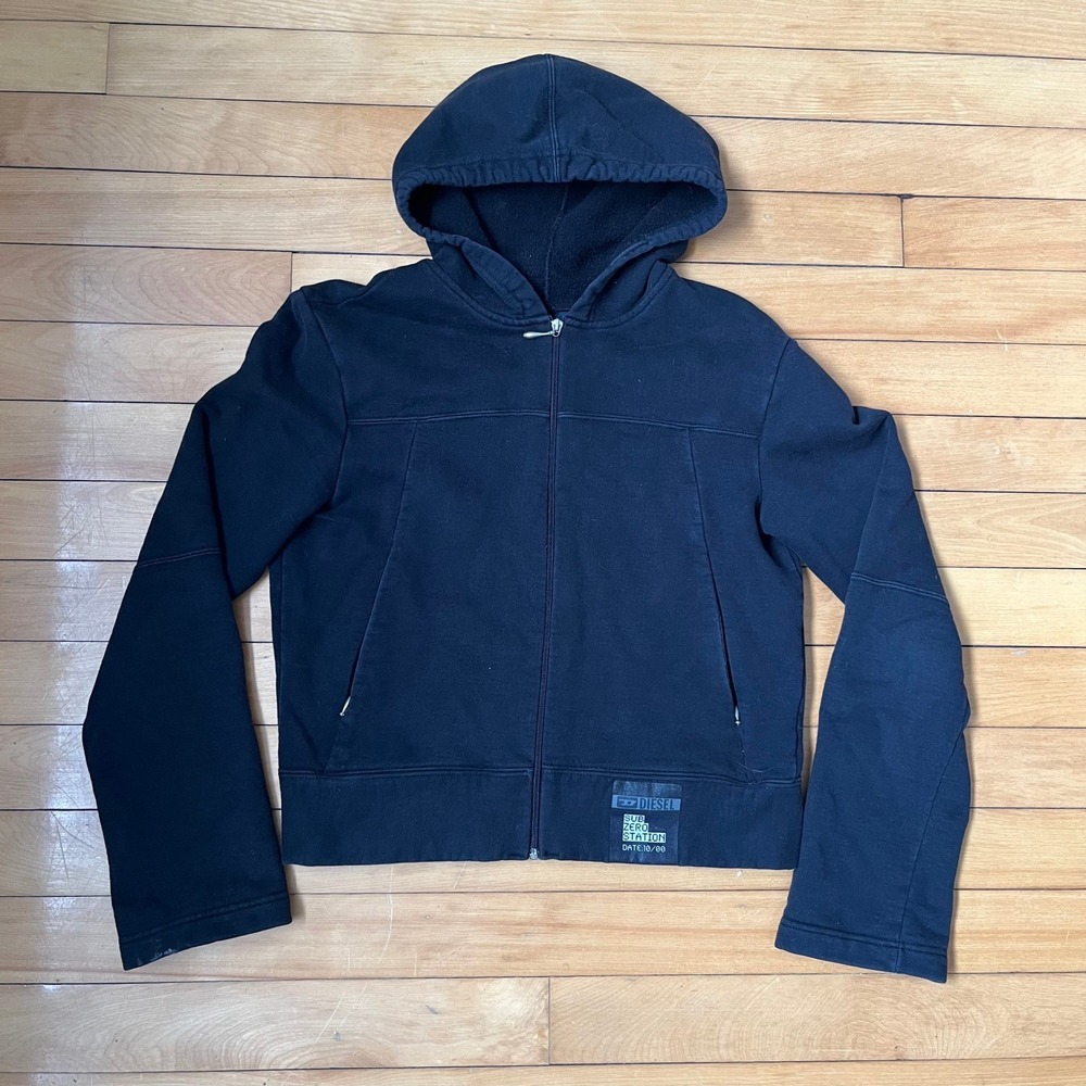 Diesel Sub Zero Station Zip Up Hoodie Black Vintage Y2K Cropped Small Greece